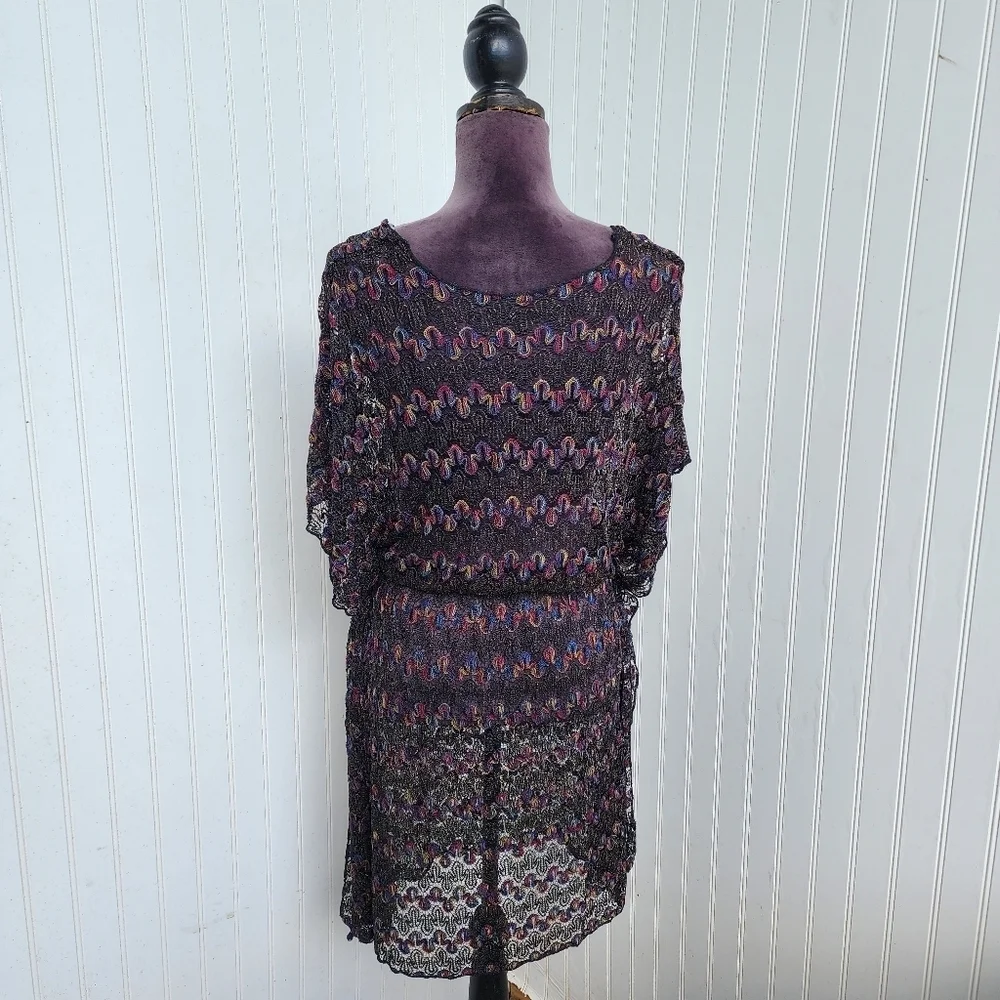 Womens Black Multi Sheer Crochet Lace  Dress Pool Coverup Strerch Drawstring M/L